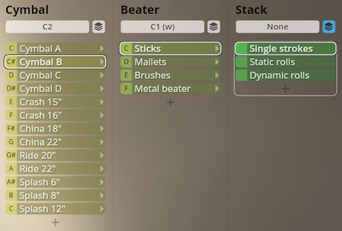 User interface showing virtual instrument settings for cymbal type (Cymbal B selected), beater type (Sticks selected), and articulation (Single strokes selected) for Studio Percussion software.