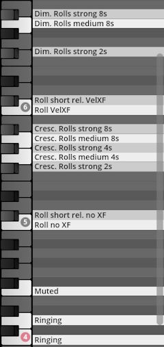 Studio Percussion virtual instrument interface displaying keybed mapping for various percussion roll articulations including crescendo, diminuendo, and release types.
