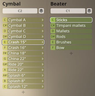 Screenshot of Studio Percussion software interface showing selectable cymbal types like Crash 15 inch and China 18 inch, and beater options including Sticks and Timpani mallets.