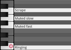 Virtual instrument piano roll showing Scrape, Muted slow, Muted fast, and Ringing percussion sound options for Studio Percussion software.