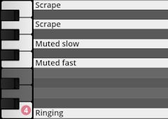 Graphic showing virtual keyboard keys labeled with percussion articulations like Scrape, Muted slow, Muted fast, and Ringing, for the Studio Percussion instrument.