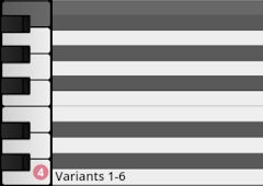 Piano keyboard indicating variants 1-6 for studio percussion samples.