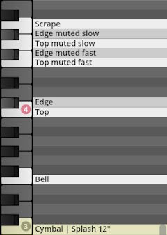 Studio Percussion interface showing cymbal articulation options like scrape, edge, top, and bell with piano key mapping for sound triggering.