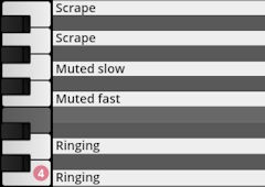 Virtual instrument keyboard mapping with percussion articulations like Scrape, Muted slow, Muted fast, and Ringing.