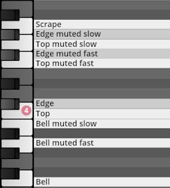 Studio Percussion software interface showing a piano roll with Scrape, Edge muted slow, Top, and Bell articulation labels.