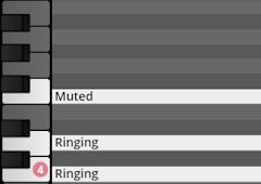 Virtual instrument keyboard interface showing Muted and Ringing percussion sound options for Studio Percussion.
