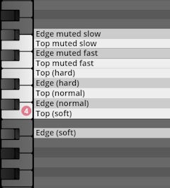 Studio Percussion virtual instrument keyboard mapping with percussion articulation options like Edge muted slow, Top muted fast, and Top soft