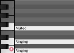On-screen piano roll interface displaying midi notes and articulation labels like Muted and Ringing, for the Studio Percussion virtual instrument.
