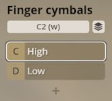 Studio Percussion finger cymbals sound selection interface with High and Low options.