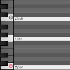 Visual representation of Studio Percussion instrument key mapping showing Clash, Slide, and Open notes.