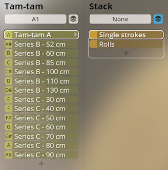 Vienna Instruments Pro Studio Percussion interface showing Tam-tam and Stack settings for virtual percussion sound selection.