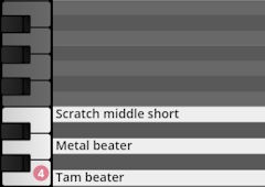 Studio Percussion interface showing piano keys and instrument articulations like Scratch middle short, Metal beater, and Tam beater, for virtual instrument sounds.