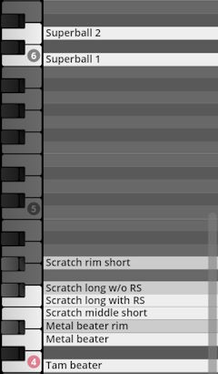 Virtual instrument Studio Percussion interface showing a keyboard mapping of percussion sounds like Superball, Scratch, Metal beater, and Tam beater.