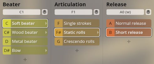 Studio Percussion user interface showing selectable Beater types (Soft, Wood, Metal, Bow), Articulations (Single strokes, Static rolls, Crescendo rolls), and Release options (Normal, Short).