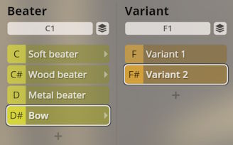Studio Percussion software interface showing beater types including soft, wood, metal, and bow, alongside variant options.
