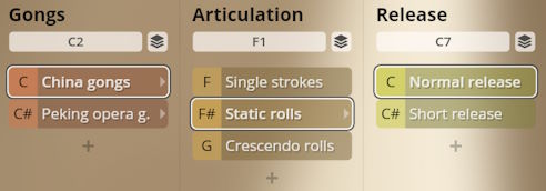 User interface displaying Studio Percussion virtual instrument settings for Gongs, Articulation, and Release, showing options like China gongs and Static rolls.