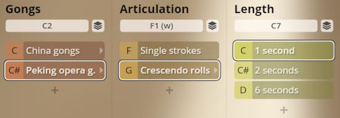 Studio Percussion interface showing selectable options for gongs, articulation (single strokes, crescendo rolls), and length (1, 2, or 6 seconds).