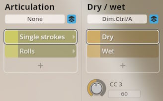 User interface showing Articulation and Dry/Wet settings for Studio Percussion software, with options for single strokes, rolls, dry and wet audio.