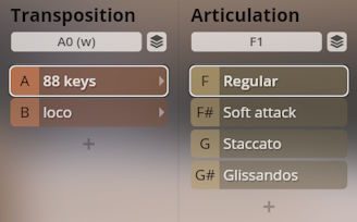 Studio Percussion interface showing Transposition and Articulation settings including 88 keys, Regular, Soft attack, Staccato, and Glissandos.