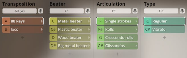 User interface for Studio Percussion virtual instrument, displaying Transposition, Beater, Articulation, and Type options for sound customization.