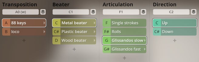 Studio Percussion software interface showing Transposition, Beater, Articulation, and Direction controls with options like 88 keys, metal beater, glissandos, and up/down.