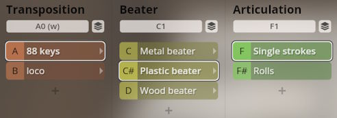 User interface showing Studio Percussion virtual instrument settings for Transposition, Beater type (metal, plastic, wood), and Articulation (single strokes, rolls).