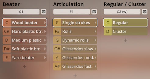 Studio Percussion interface showing Beater, Articulation, and Regular / Cluster menus with options like wood beater, single strokes, and regular selected.
