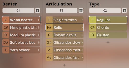 Studio Percussion interface showing selectable options for Beater (Wood, Hard/Medium/Soft Plastic, Yarn), Articulation (Single strokes, Rolls, Dynamic Rolls, Glissandos), and Type (Regular, Chords, Cluster) in a matrix format.