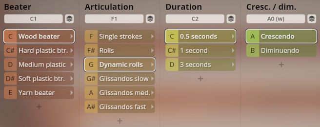 Studio Percussion software interface showing selectable options for beater type, articulation, duration, and crescendo/diminuendo.