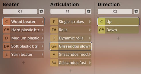 User interface for Vienna Symphonic Library Studio Percussion software, showing Beater, Articulation, and Direction settings with Glissandos slow, Wood beater, and Up selected.