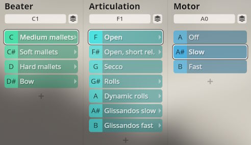 Studio Percussion software interface showing Beater, Articulation, and Motor settings for virtual instruments, including Mallets, Bow, Open, Secco, Rolls, Glissandos, Off, Slow, and Fast options.