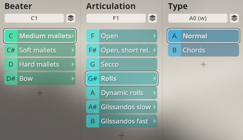 Studio Percussion interface showing Beater, Articulation, and Type options for sound selection.