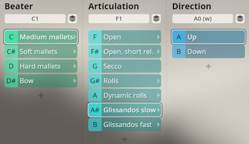 Virtual instrument interface showing Beater, Articulation, and Direction options for Studio Percussion sound design.