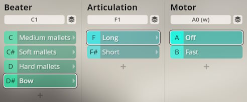 Virtual instrument interface showing Beater, Articulation, and Motor settings for Studio Percussion, featuring options like mallets, bow, long/short articulations, and motor speed.