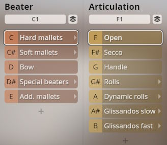 Studio Percussion instrument settings showing Beater types like Hard mallets and Articulation options such as Open for music production.