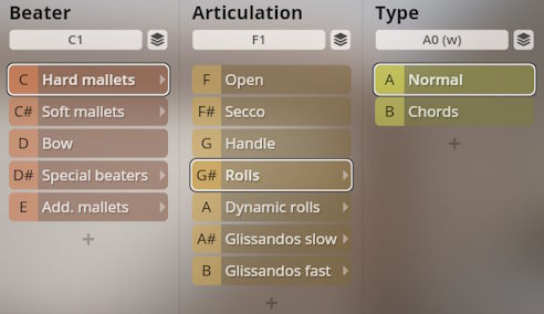 Studio Percussion user interface showing selectable options for Beater (Hard mallets), Articulation (Rolls), and Type (Normal) in musical software settings.