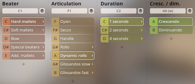 User interface showing adjustable settings for Studio Percussion virtual instrument including beater type (hard mallets), articulation (dynamic rolls), duration (1 second), and crescendo/diminuendo.