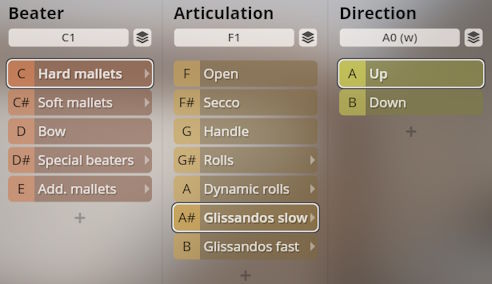 Studio Percussion interface showing Beater, Articulation, and Direction sound settings, including options like Hard mallets, Glissandos slow, and Up.