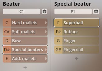 User interface displaying Studio Percussion virtual instrument beater selection options including mallets, bow, superball, rubber, finger, and fingernail.