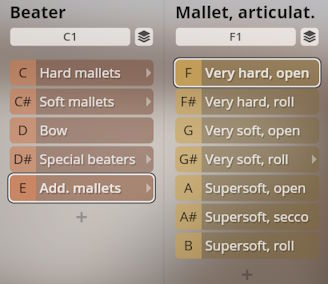 User interface displaying virtual instrument percussion beater and mallet articulation options for Studio Percussion software.