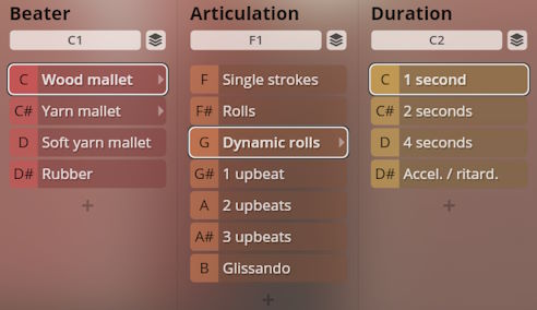 User interface showing Studio Percussion virtual instrument settings for beater type (wood mallet, yarn mallet, soft yarn mallet, rubber), articulation (single strokes, rolls, dynamic rolls, upbeats, glissando), and duration (1, 2, 4 seconds, accel./ritard.).