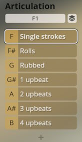 Studio Percussion articulation menu displaying single strokes, rolls, rubbed, and upbeat options.
