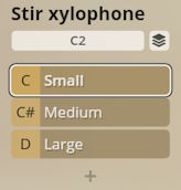 Stir xylophone sound selection interface with C Small, C# Medium, and D Large size options for Studio Percussion software.