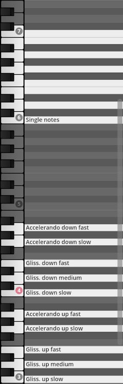 Virtual instrument keyboard mapping for Studio Percussion showing Single notes, Accelerando, and Glissando options.