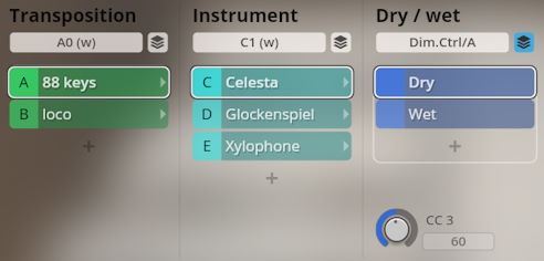 Studio Percussion software interface showing Transposition, Instrument (Celesta, Glockenspiel, Xylophone), and Dry/Wet sound options.