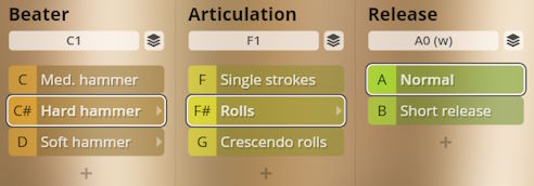 Studio Percussion software interface showing selectable options for Beater type (Hard hammer selected), Articulation type (Rolls selected), and Release mode (Normal selected).