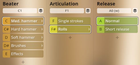 Studio Percussion software interface showing Beater, Articulation, and Release options including mallet types, stroke styles, and decay settings.