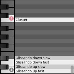 Musical keyboard showing Glissando and Cluster articulation options, Studio Percussion software interface.