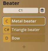 Studio Percussion software interface showing selected beater options: Metal beater, Triangle beater, and Bow.
