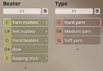 Studio Percussion software interface showing selectable beater types like yarn mallets, felt mallets, hard beaters, bow, rasping stick, and yarn hardness options.